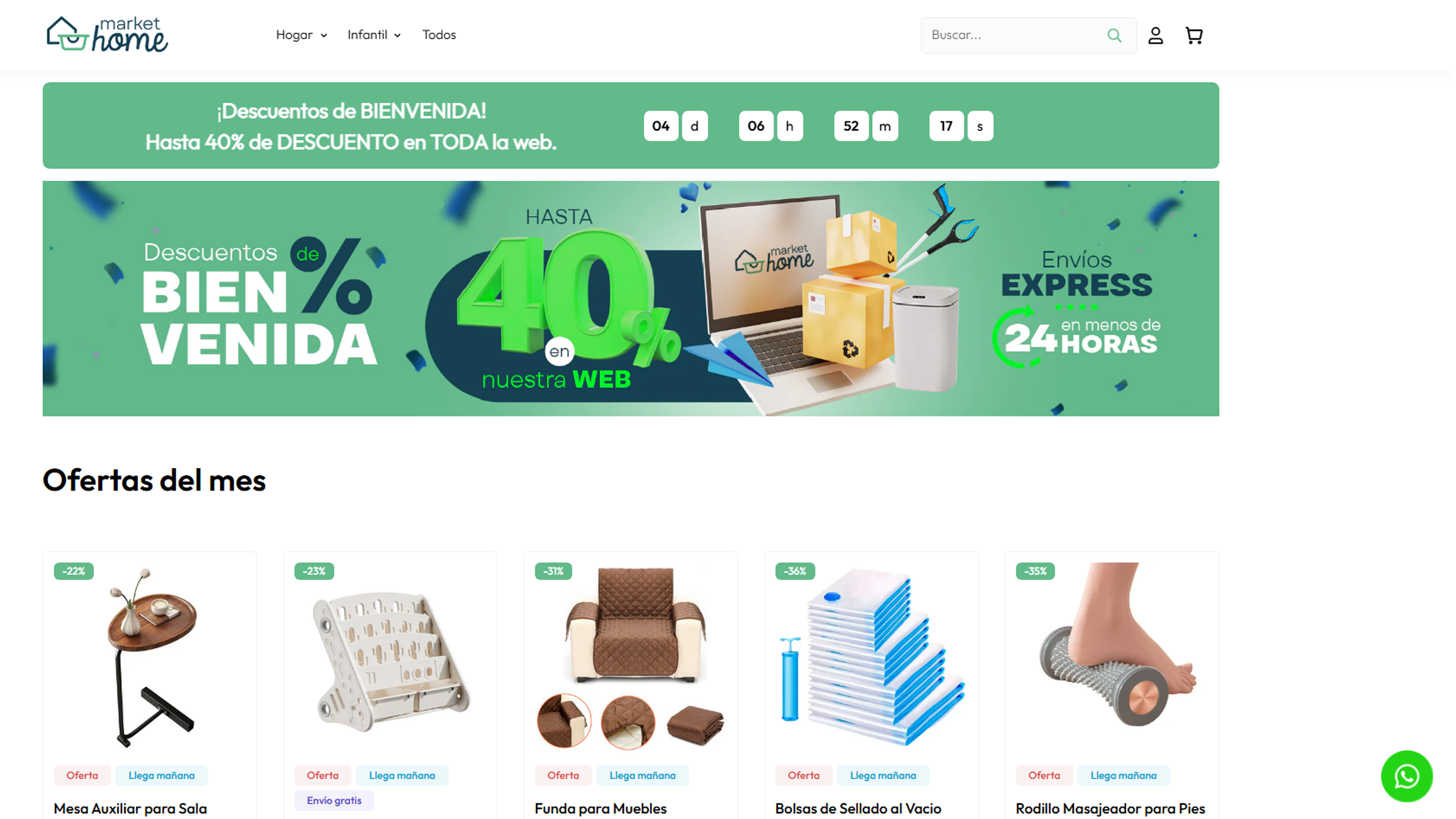 Vista de productos destacados en la tienda online Market Home