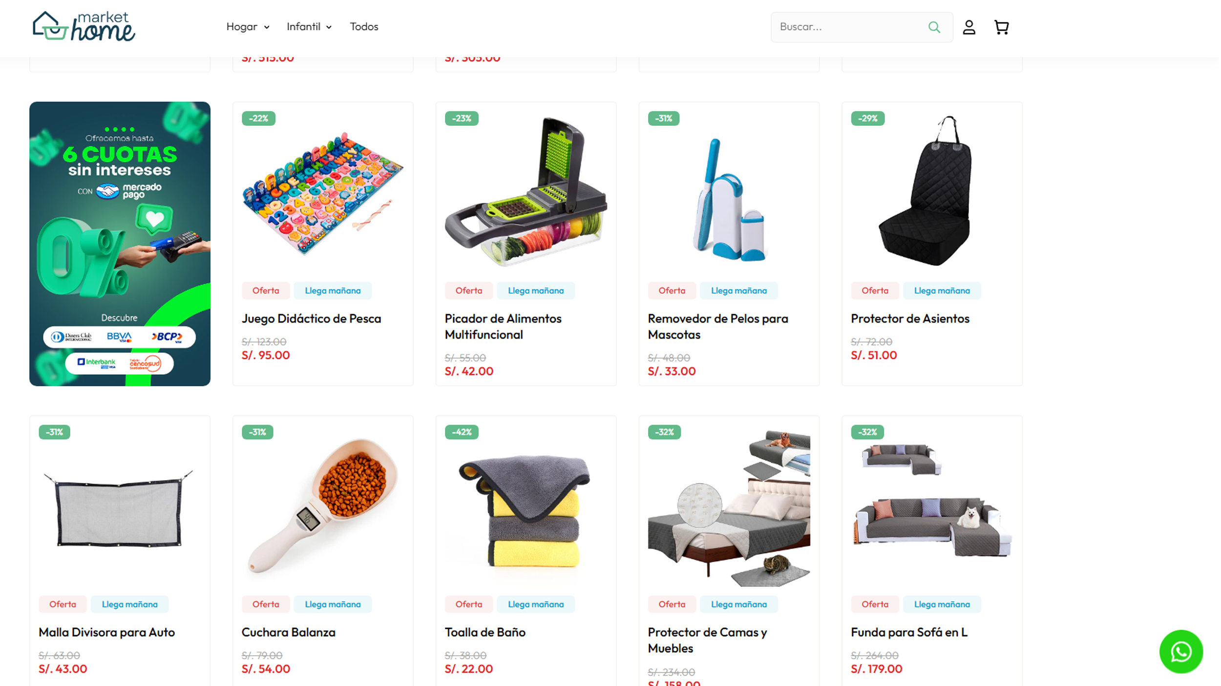 Vista de productos destacados en la tienda online Market Home