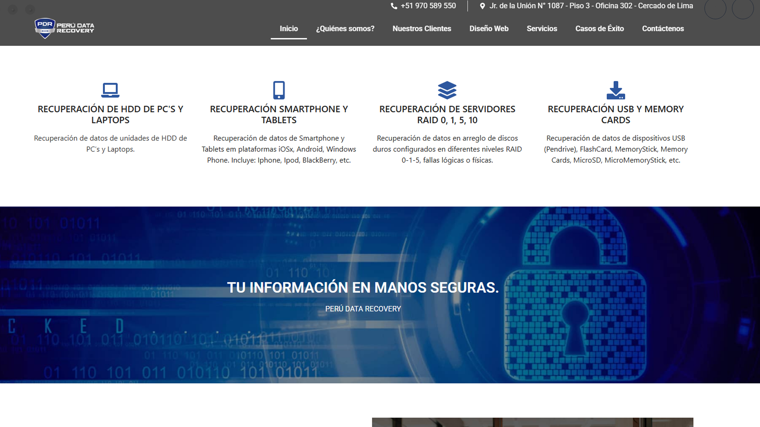 Sección de servicios de recuperación de datos mostrada en la web de Perú Data Recovery