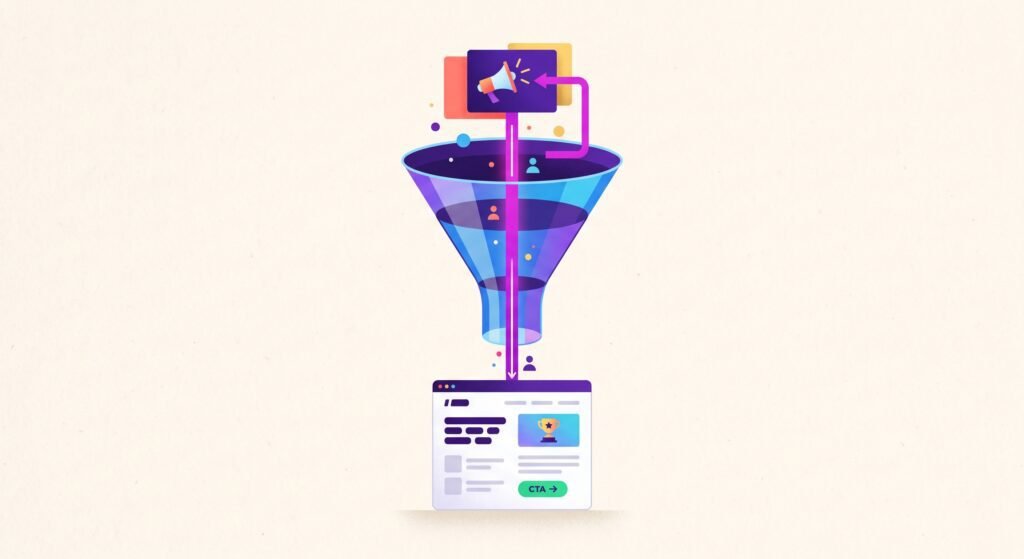 Embudo digital conectando un anuncio a una landing page