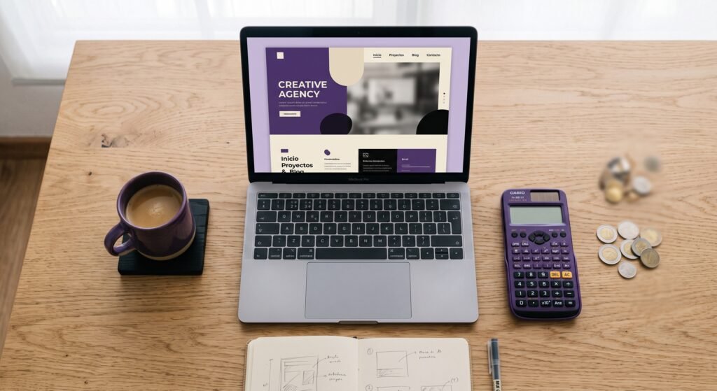 Escritorio de diseñador calculando el costo de una página web en Perú